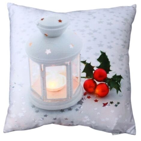 Coussin Lumineux Lanterne Et Houx De Noel