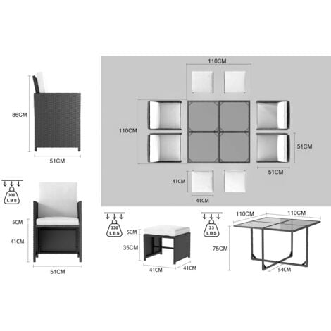 9 Piece Outdoor Garden Furniture Rattan Cube Dining Set 8 Seater with Cushions