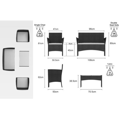 Rattan Garden Furniture 4 Pieces Patio Set with 2 Single Chairs, 1 Double Sofa and 1 Table Black