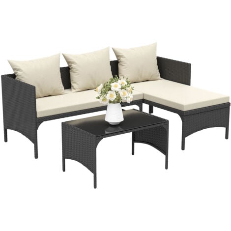 3Pcs Outdoor Rattan Furniture Patio Sofa Set with Loveseat Lounge Chair Table Black