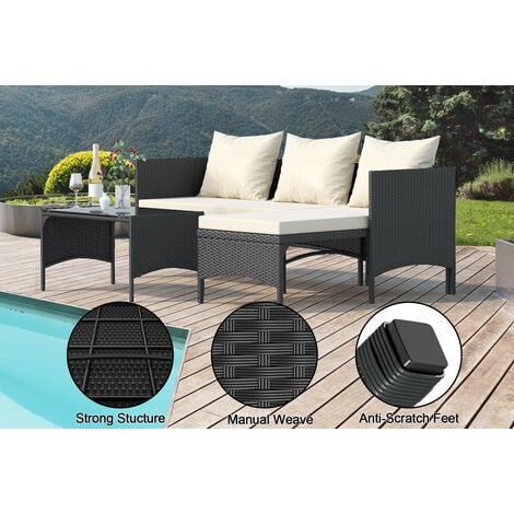 3Pcs Outdoor Rattan Furniture Patio Sofa Set with Loveseat Lounge Chair Table Black