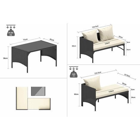 3Pcs Outdoor Rattan Furniture Patio Sofa Set with Loveseat Lounge Chair Table Black