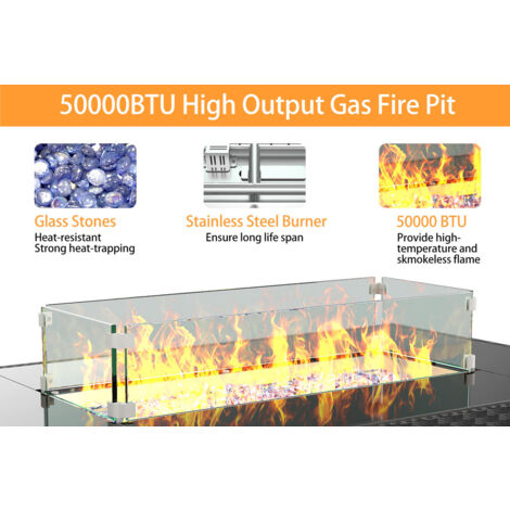 46 Inch 50000BTU Outdoor Rectangular Propane Gas Firepit Table Burner Smokeless with Glass Wind Guard for Garden Backyard