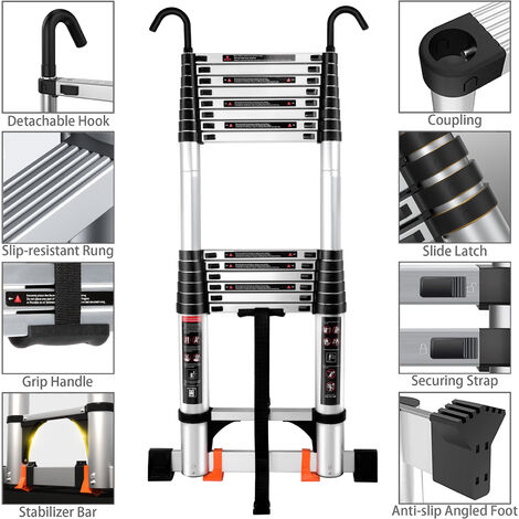 Échelle Télescopique Avec Crochet Escabeau Argent Multifonction 4,4m