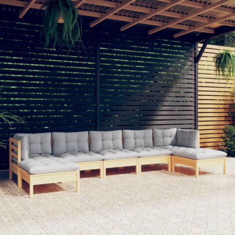 INLIFE Salon de jardin 7 pcs avec coussins gris Bois de pin (1/5)