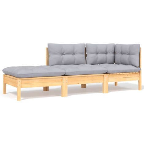 INLIFE Salon de jardin 3 pcs avec coussins gris Bois de pin solide (1/5)