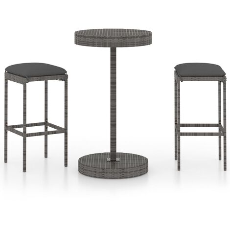 INLIFE Ensemble de bar de jardin 3 pcs et coussins Résine tressée Gris (1/5)