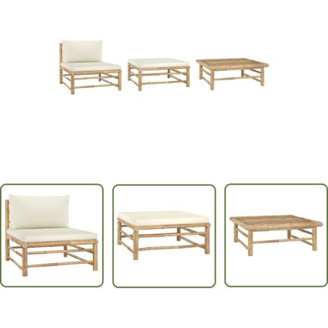 INLIFE Salon de jardin 3 pcs avec coussins blanc crème Bambou (1/5)