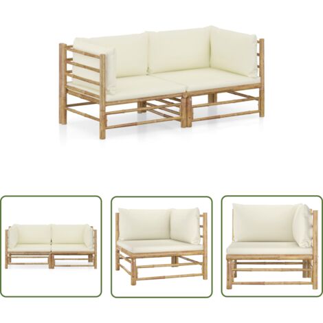 INLIFE Salon de jardin 2 pcs avec coussins blanc crème Bambou (1/5)