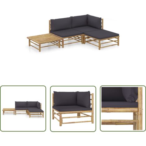 INLIFE Salon de jardin 4 pcs avec coussins gris foncé Bambou (1/5)