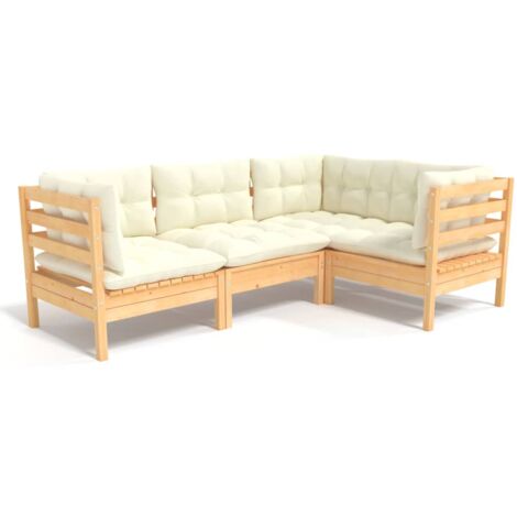 INLIFE Salon de jardin 4 pcs avec coussins crème Bois de pin (1/5)