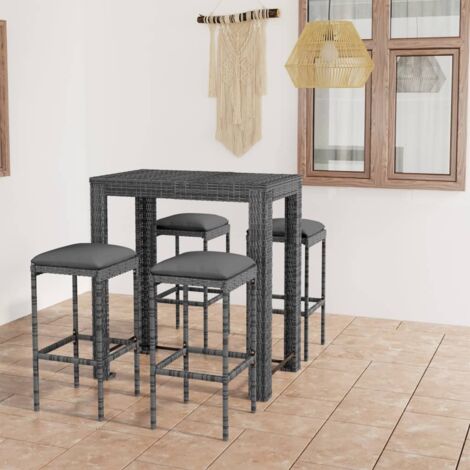 Ensemble de bar de jardin 5 pcs et coussins Résine tressée Gris (1/5)