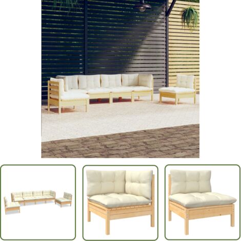 INLIFE Salon de jardin 6 pcs avec coussins crème Bois de pin massif (1/5)