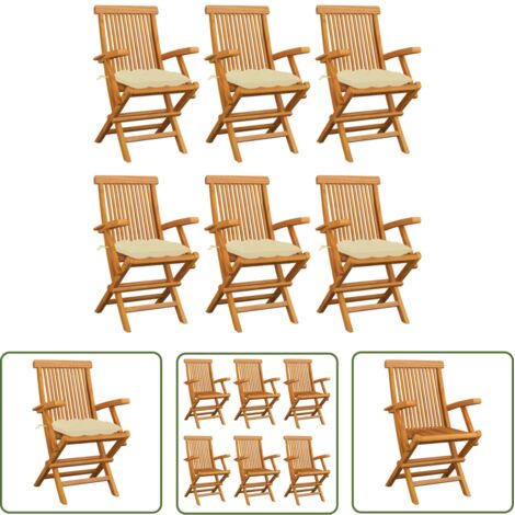 Chaises de jardin avec coussins blanc crème 6 pcs Teck massif (1/5)