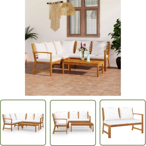 INLIFE Salon de jardin 4 pcs avec coussin Crème Bois d'acacia solide (1/5)