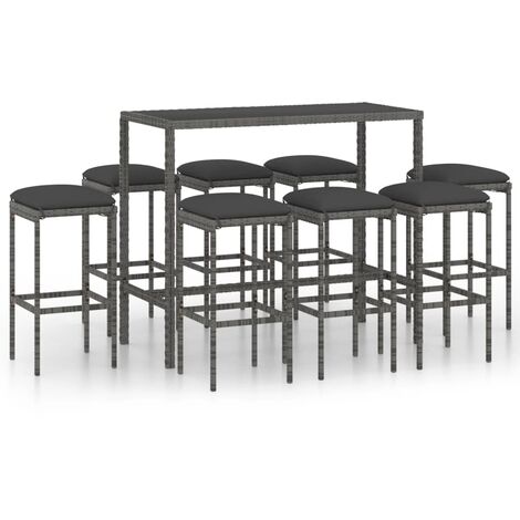 INLIFE Ensemble de bar de jardin 9 pcs et coussins Résine tressée Gris (1/5)