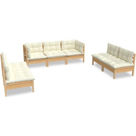 INLIFE Salon de jardin 7 pcs avec coussins crème Bois de pin massif (1/5)