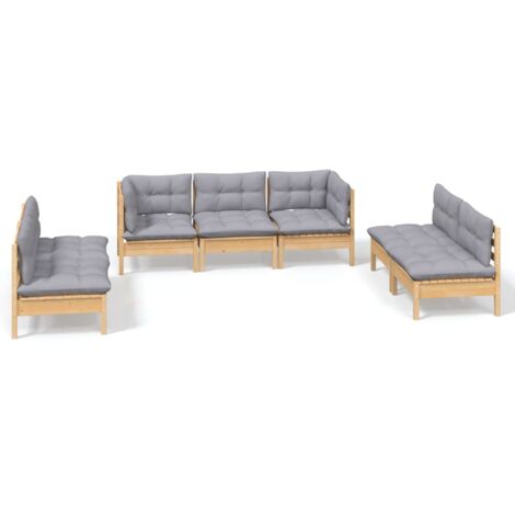 INLIFE Salon de jardin 7 pcs avec coussins gris Bois de pin massif (1/5)