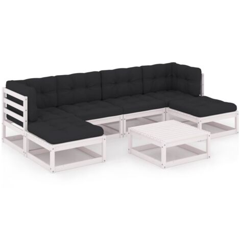 INLIFE Salon de jardin 7 pcs avec coussins Blanc Bois de pin massif (1/5)