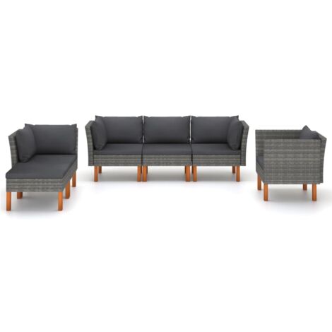 INLIFE Salon de jardin 6 pcs Résine tressée et bois d'eucalyptus Gris (1/5)