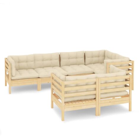 INLIFE Salon de jardin 7 pcs avec coussins crème Bois de pin massif (1/5)