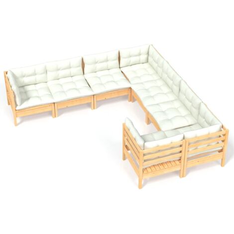 INLIFE Salon de jardin 8 pcs avec coussins crème Bois de pin massif (1/5)