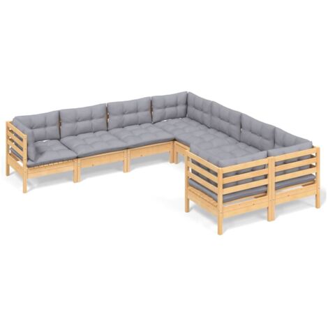 INLIFE Salon de jardin 8 pcs avec coussins gris Bois de pin solide (1/5)
