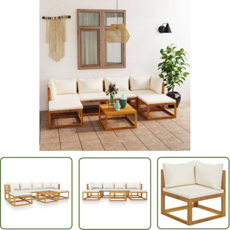 The Living Store Salon de jardin 7 pcs avec coussin Crème Bois d'acacia solide - Salon De Jardin - Meubles De Jardin - Salon D'extérieur - Mobilier Acacia - Set De Salon (1/5)