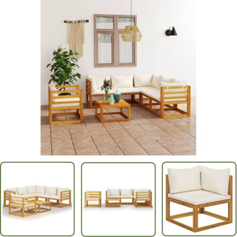 INLIFE Salon de jardin 7 pcs avec coussin Crème Bois d'acacia solide (1/5)