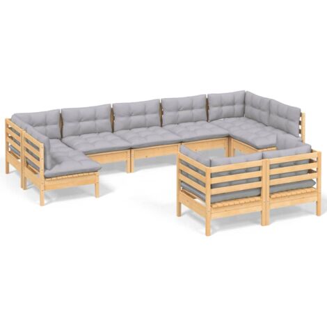 INLIFE Salon de jardin 9 pcs avec coussins gris Bois de pin solide (1/5)