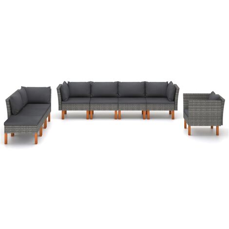 INLIFE Salon de jardin 8 pcs Résine tressée et bois d'eucalyptus Gris (1/5)