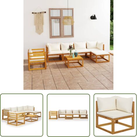 The Living Store Salon de jardin 7 pcs avec coussin Crème Bois d'acacia solide - Mobilier De Jardin - Salon De Jardin - Meubles De Jardin - Meubles Exterieur - Acacia Massif (1/5)