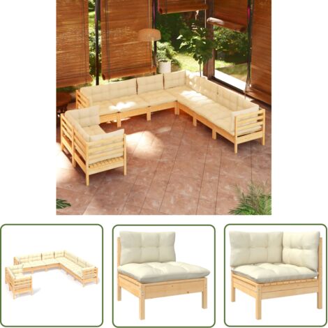 INLIFE Salon de jardin 9 pcs avec coussins crème Bois de pin massif (1/5)