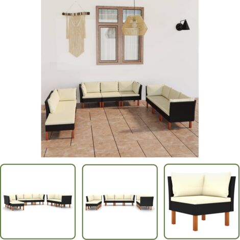 INLIFE Salon de jardin 9 pcs avec coussins Résine tressée Noir (1/5)