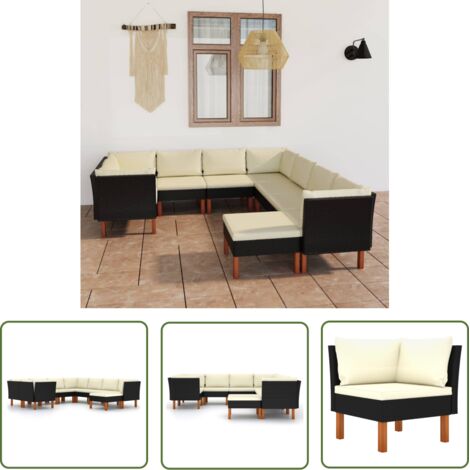 INLIFE Salon de jardin 9 pcs avec coussins Résine tressée Noir (1/5)