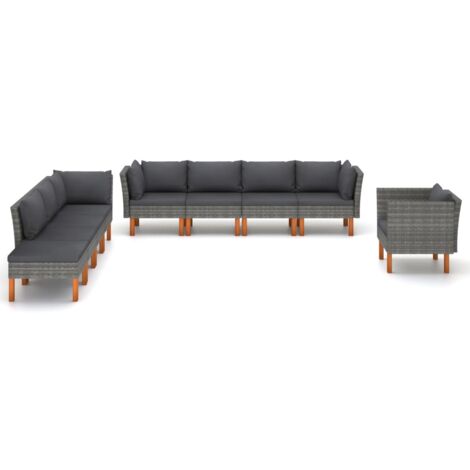 INLIFE Salon de jardin 9 pcs Résine tressée et bois d'eucalyptus Gris (1/5)