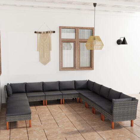 INLIFE Salon de jardin 12 pcs avec coussins Résine tressée Gris (1/5)