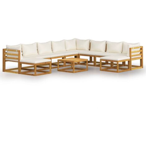 INLIFE Salon de jardin 11 pcs avec coussin Crème Bois d'acacia solide (1/5)