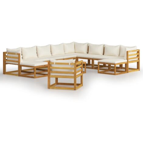 INLIFE Salon de jardin 12 pcs avec coussin Crème Bois d'acacia solide (1/5)