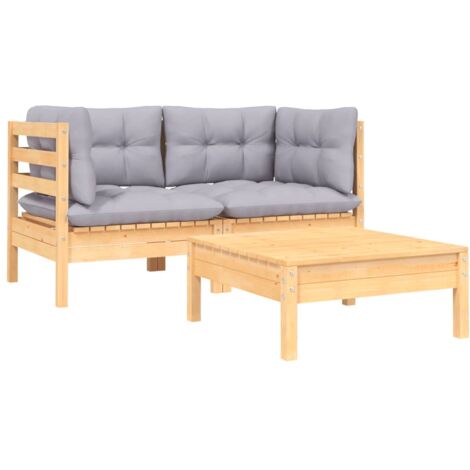 INLIFE Salon de jardin 3 pcs avec coussins gris Bois de pin massif (1/5)
