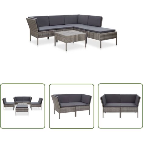Salon de jardin 6 pcs avec coussins résine tressée gris (1/5)