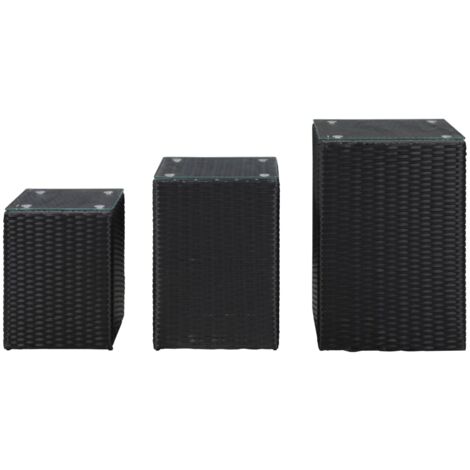 INLIFE Tables d'appoint 3 pcs et dessus en verre Noir Résine tressée (1/5)