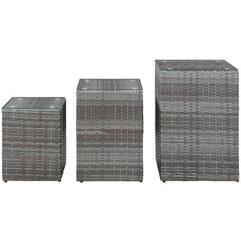INLIFE Tables d'appoint 3 pcs et dessus en verre Gris Résine tressée (1/5)