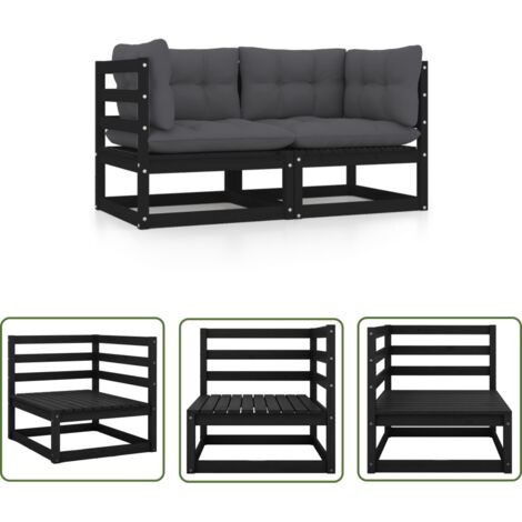 INLIFE Canapé 2 places de jardin avec coussins Noir Bois de pin solide (1/5)