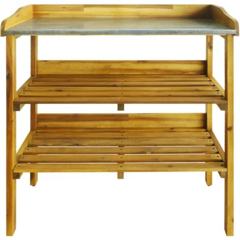 INLIFE Banc à jardinière avec 2 étagères Bois massif d'acacia et zinc (1/6)