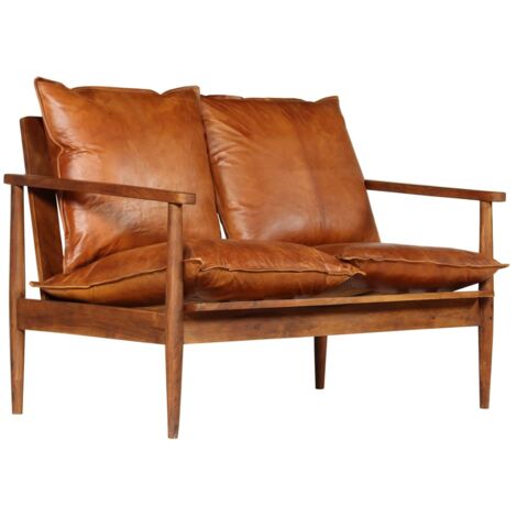 INLIFE Canapé à 2 places Cuir véritable avec bois d'acacia Marron (1/5)