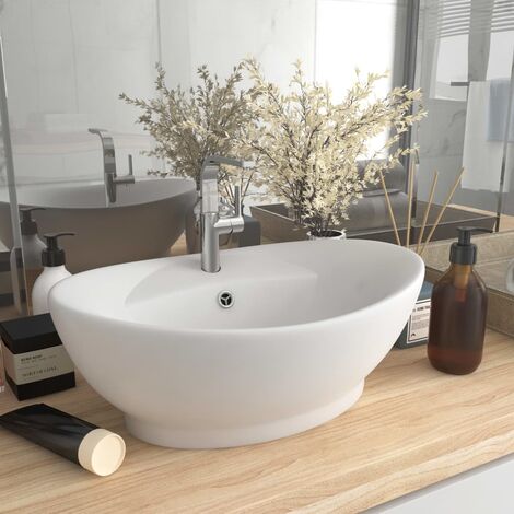 INLIFE Lavabo ovale de luxe à trop-plein Blanc mat 58,5x39cm Céramique