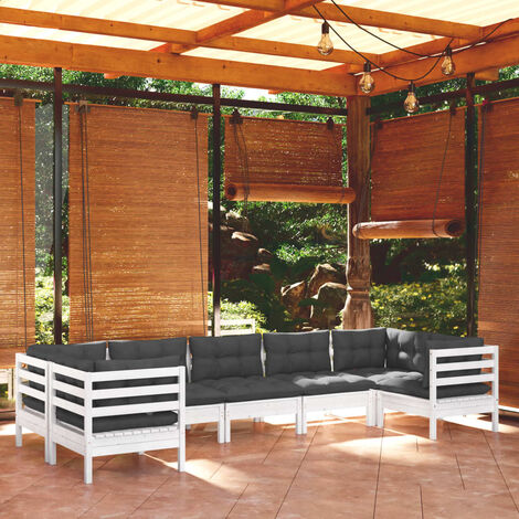 INLIFE Salon de jardin 7 pcs avec coussins Blanc Bois de pin (1/5)