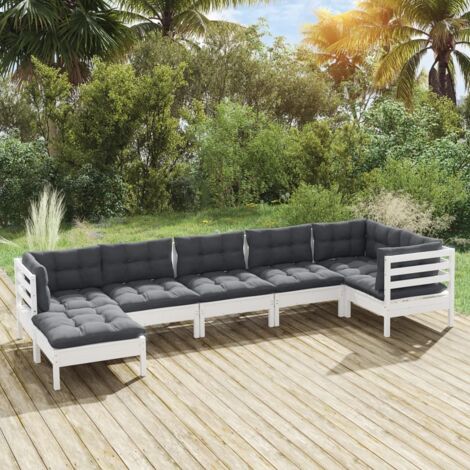 INLIFE Salon de jardin 7 pcs avec coussins Blanc Bois de pin solide (1/5)