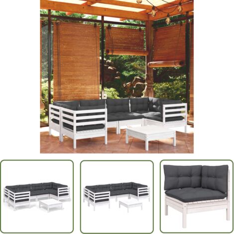 INLIFE Salon de jardin 7 pcs avec coussins Blanc Bois de pin (1/5)